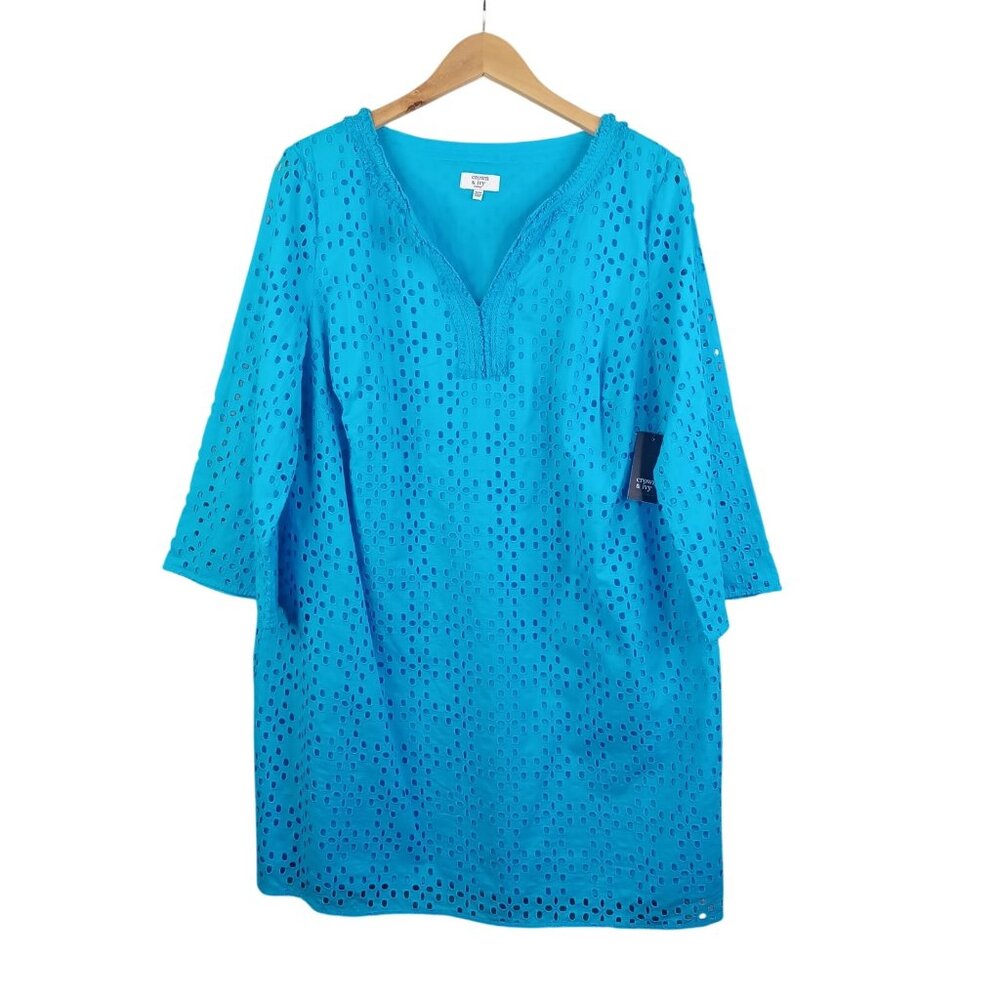 Crown & Ivy Eyelet 3/4 Sleeve Shift Dress 14 Blue Embroidered 3/4 Sleeve Coastal